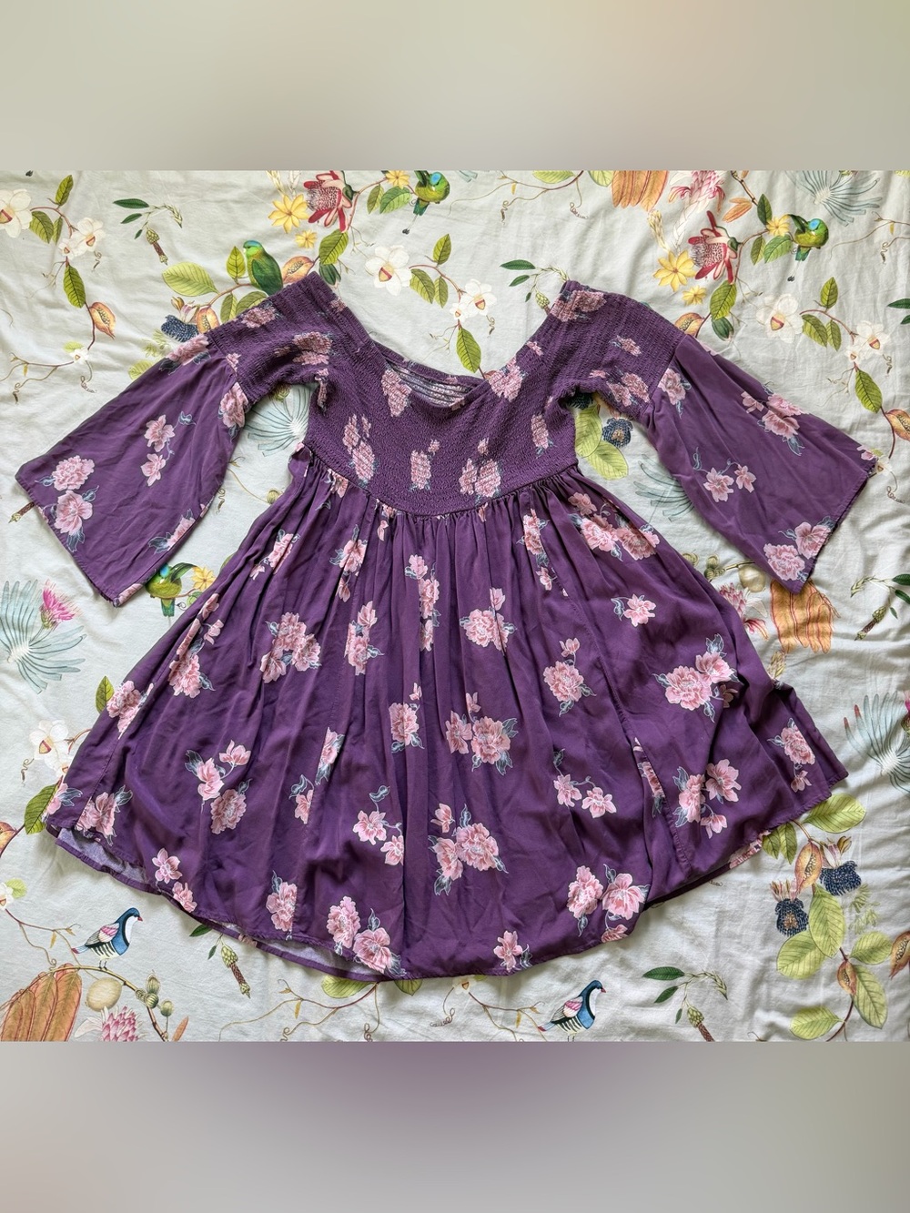 Torrid Purple Floral Smocked Bodice Bell Sleeve Mini Dress Size 2